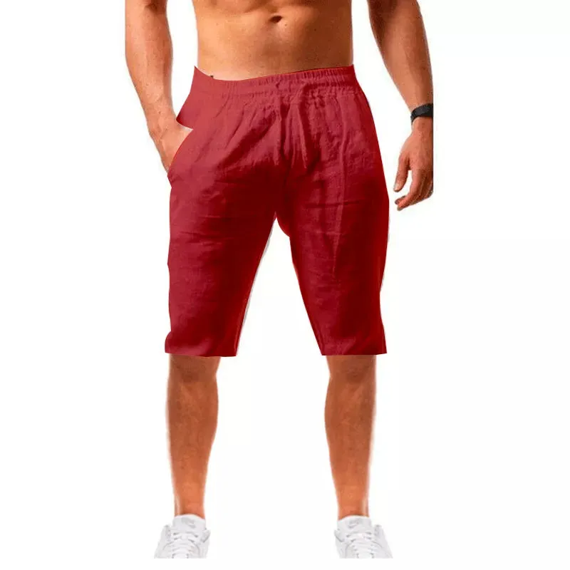 Men's New  Fashion  Casual Sport Pants Elastic Waist Cotton and Linen Solid Color Trousers