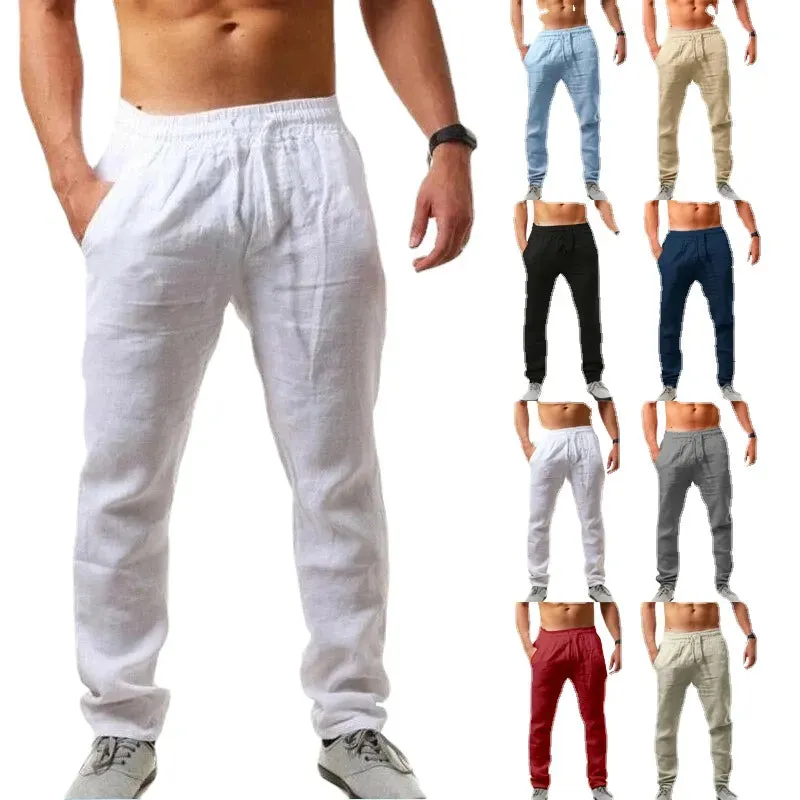 Men's New  Fashion  Casual Sport Pants Elastic Waist Cotton and Linen Solid Color Trousers