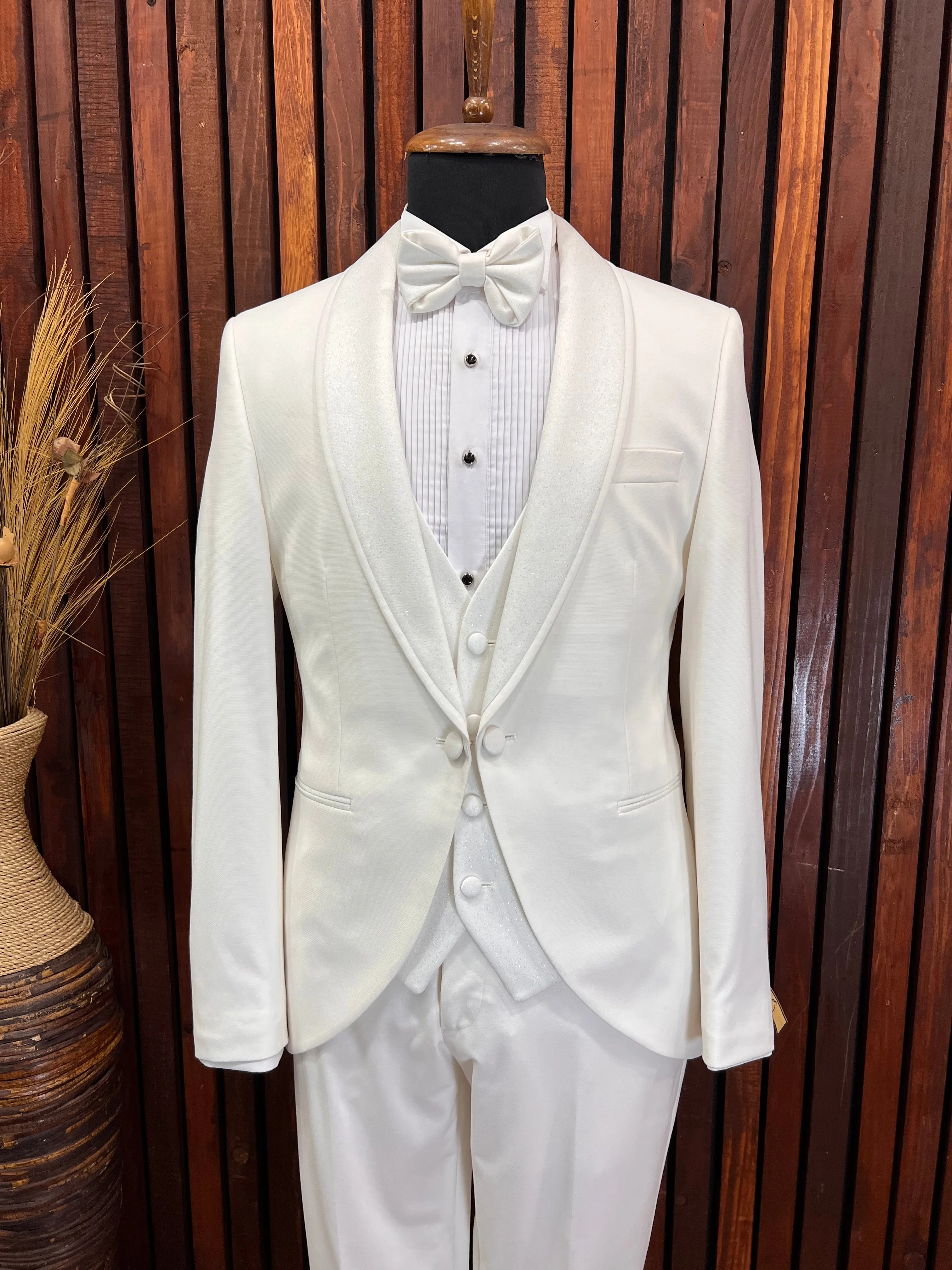 Mens Premium Slim Fit Off White Tuxedo