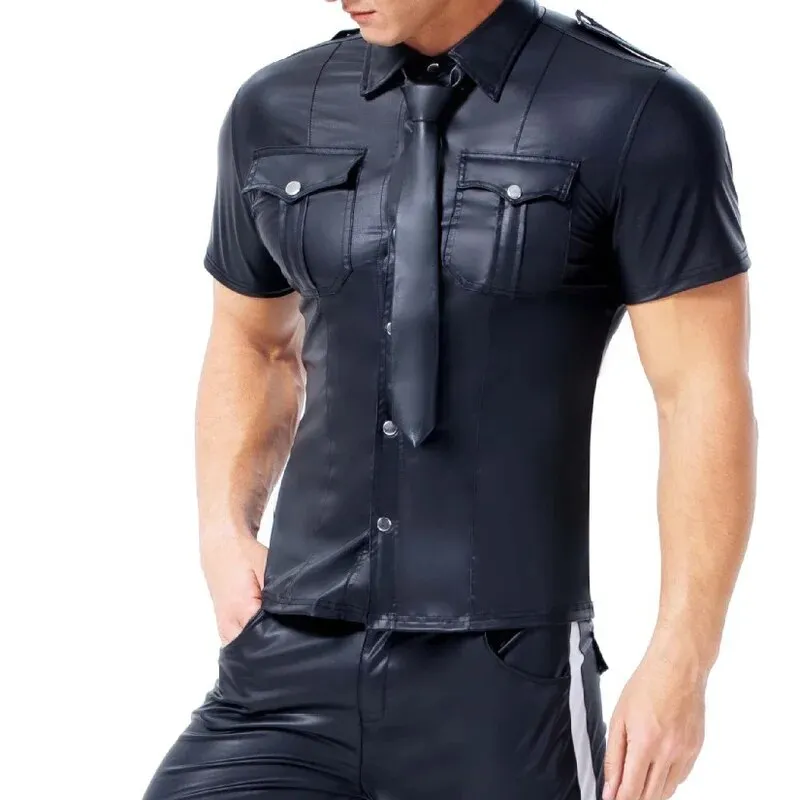 Men's PU Leather T-shirt   Tie