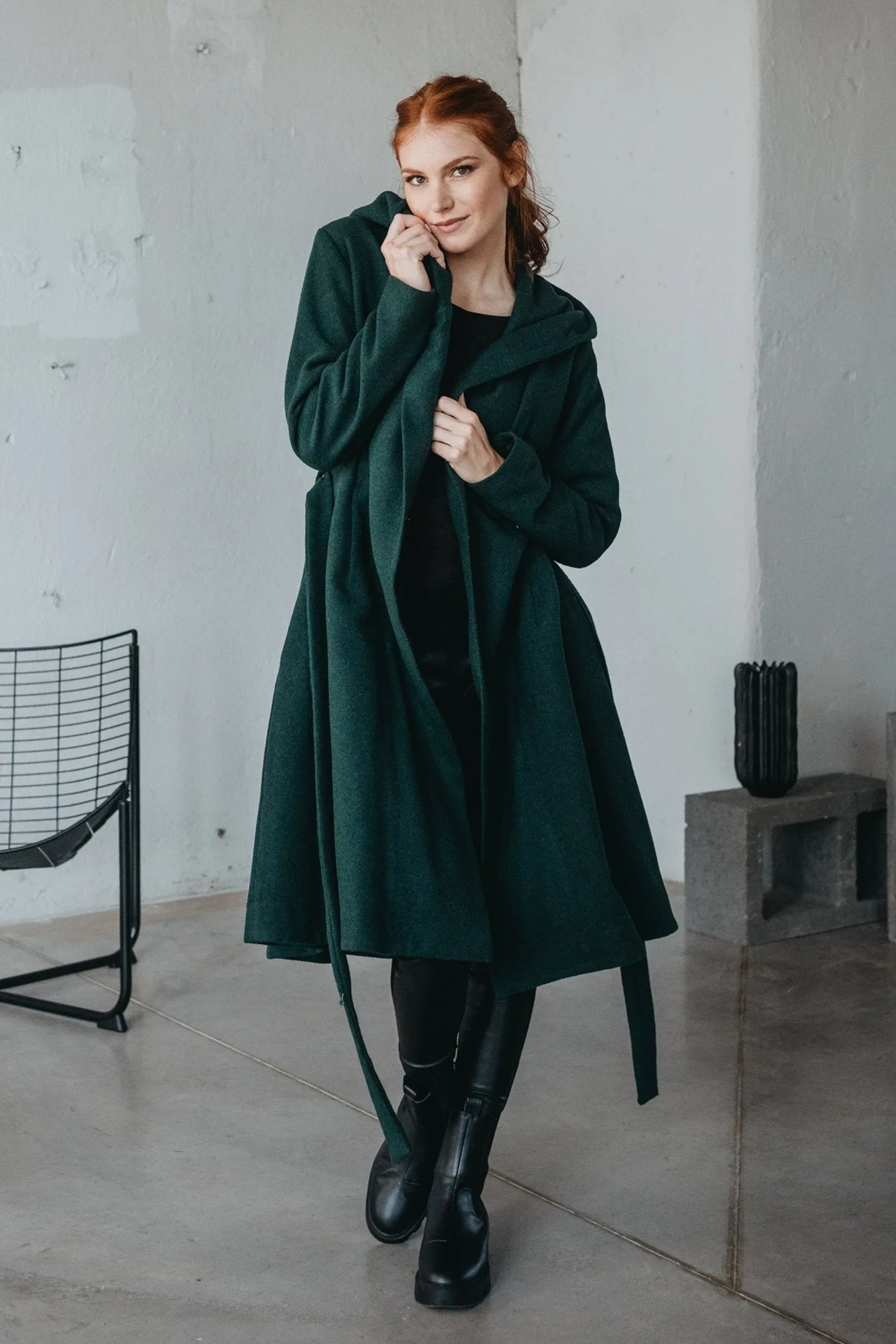 Merino Wool Flared Coat with Long Belt