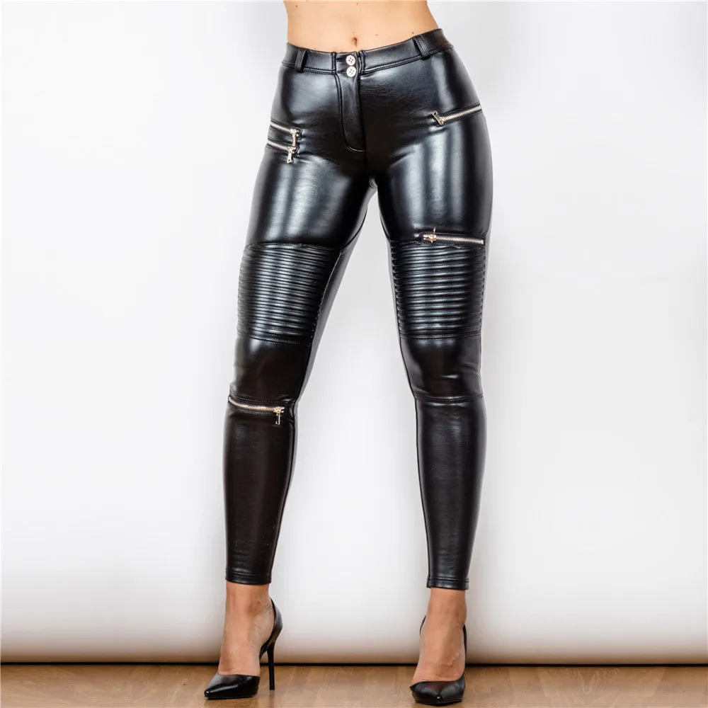 Middle Waist Shinning MOTO Black Leather Leggings