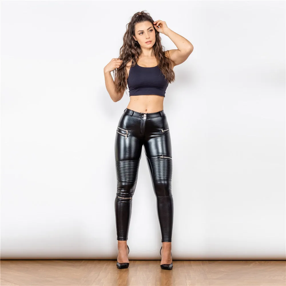 Middle Waist Shinning MOTO Black Leather Leggings