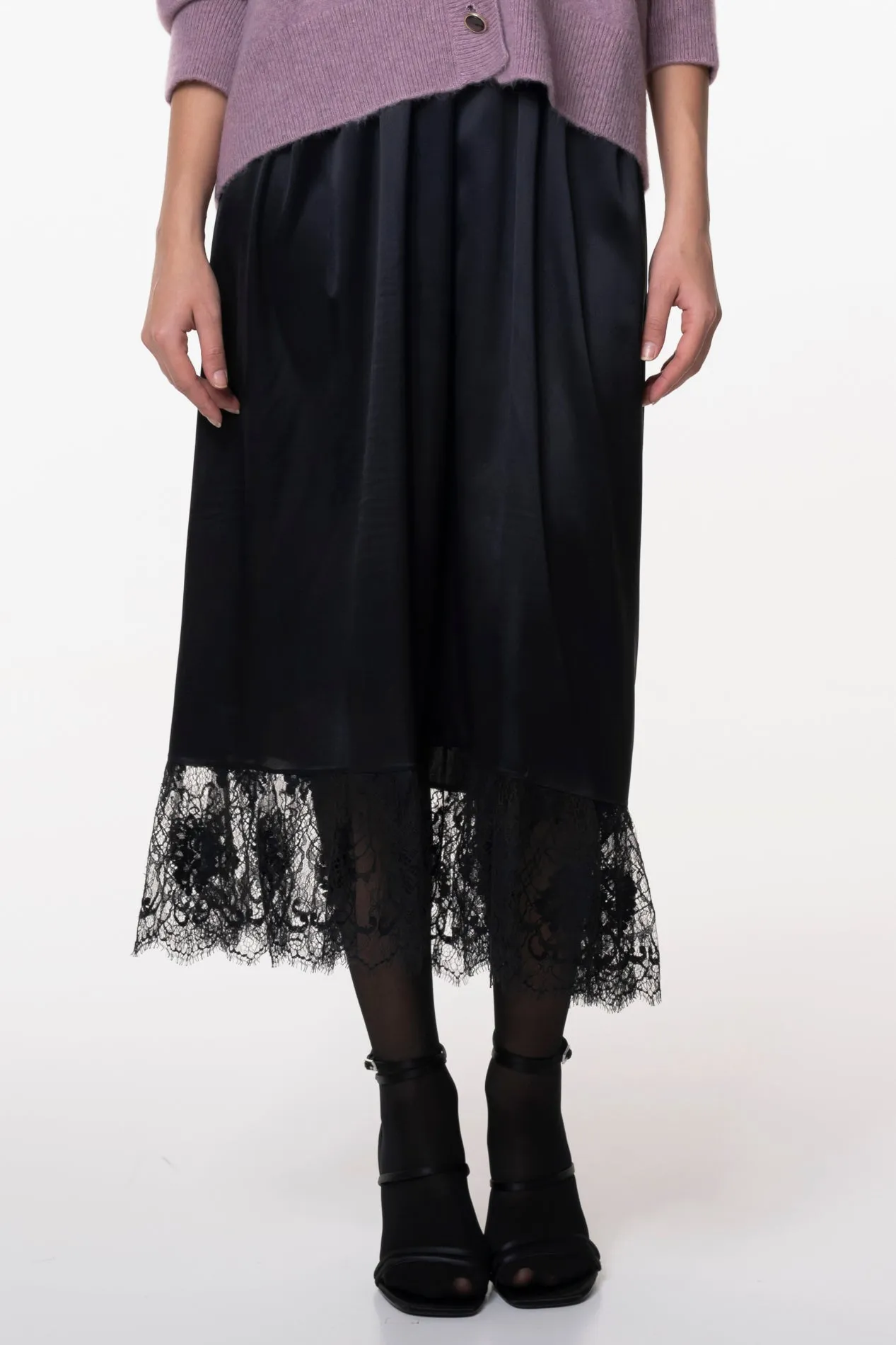 Midi Silk Lace Skirt With Long Underskirt In Black