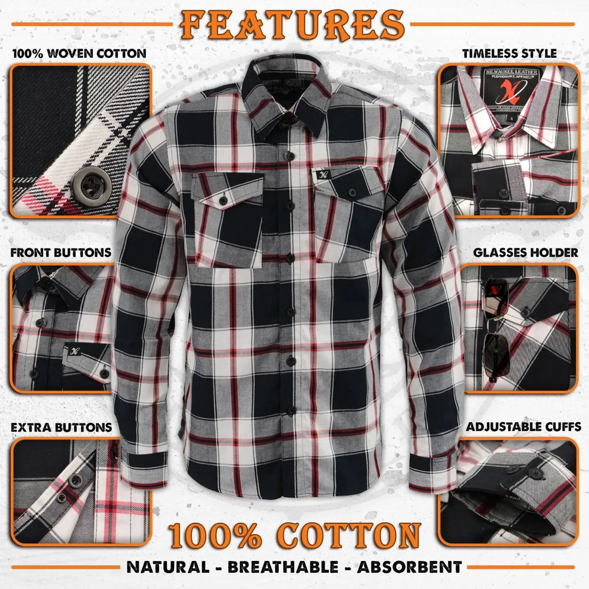 Milwaukee Leather Men's Flannel Plaid Shirt Black and White with Red