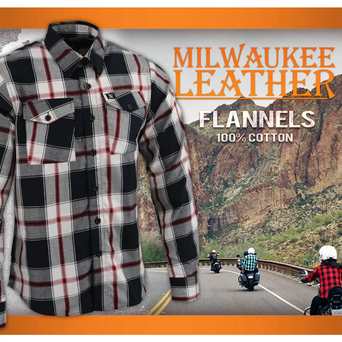 Milwaukee Leather Men's Flannel Plaid Shirt Black and White with Red