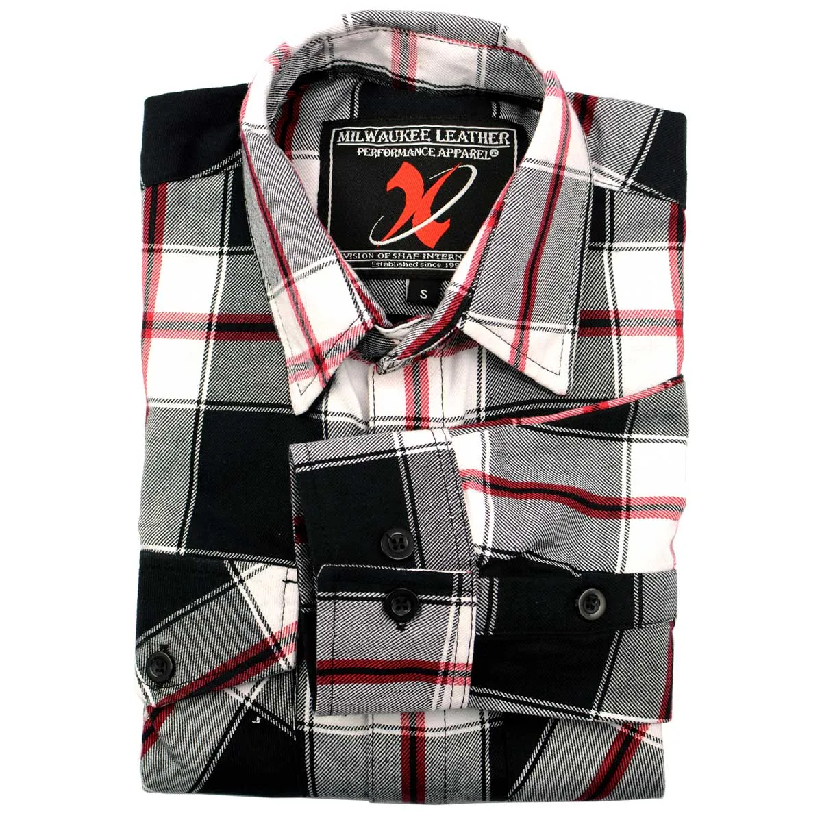 Milwaukee Leather Men's Flannel Plaid Shirt Black and White with Red