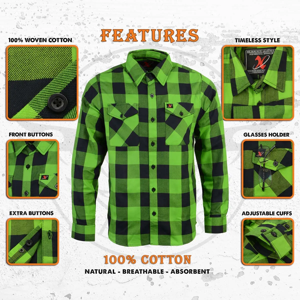 Milwaukee Leather MNG11656 Men's Flannel Plaid Shirt Black and Neon-Green Long Sleeve Cotton Button Down Shirt