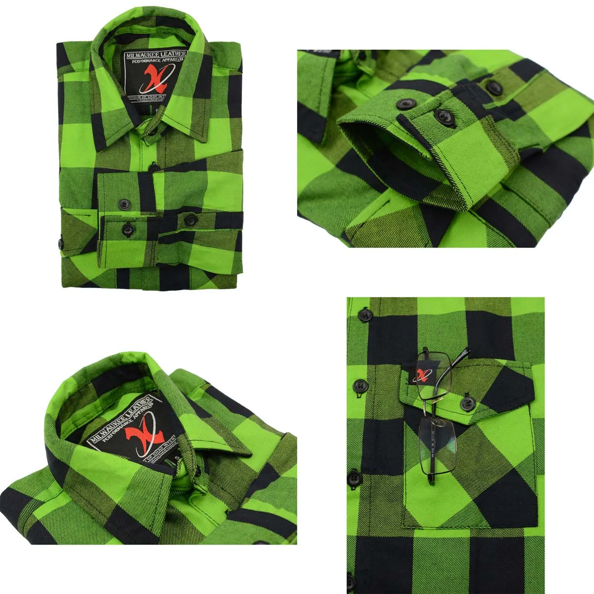 Milwaukee Leather MNG11656 Men's Flannel Plaid Shirt Black and Neon-Green Long Sleeve Cotton Button Down Shirt