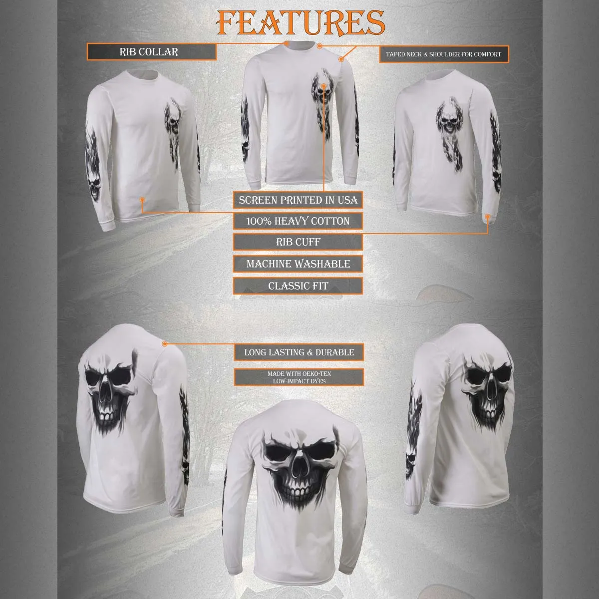 Milwaukee Leather MPMH117004 Men's 'Ghost Skull' White Long Sleeve