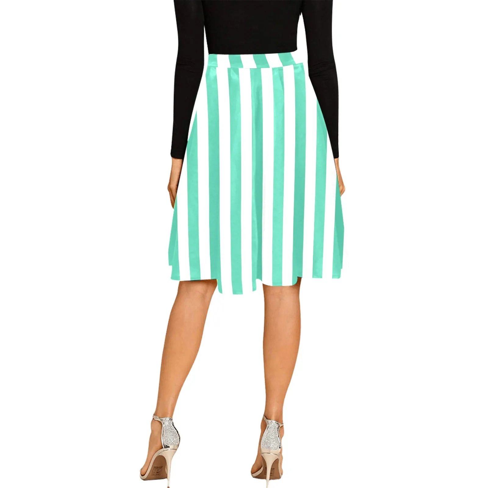 mint green striped print Melete Pleated Midi Skirt (Model D15)