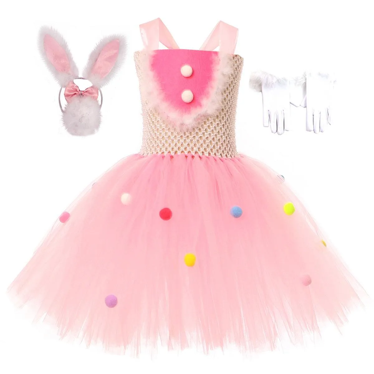 New Easter Party Cosplay Rabbit Cute Girl Princess Dress Plush Rabbit Ears Fashion Mesh Puff Dress Accessory Set