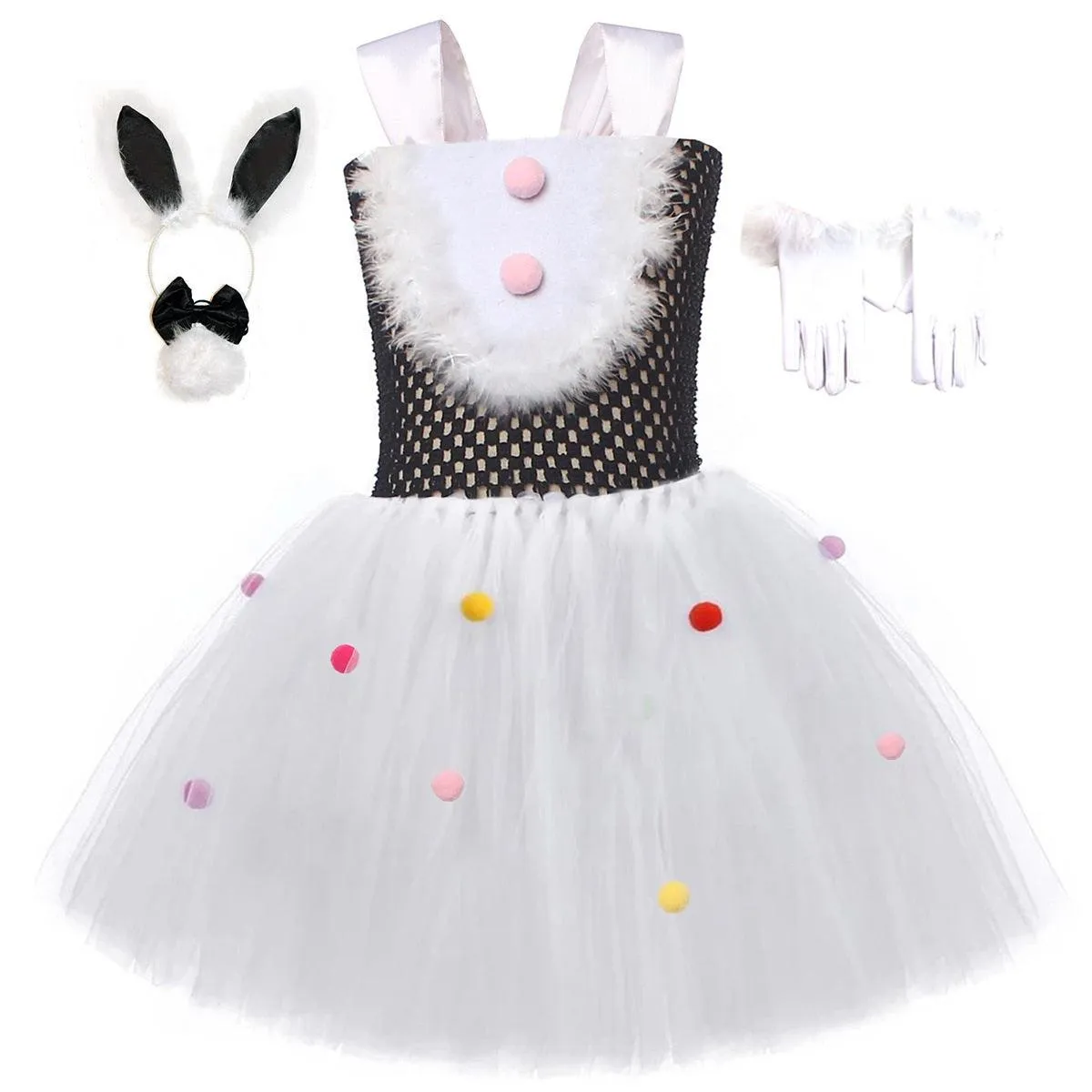 New Easter Party Cosplay Rabbit Cute Girl Princess Dress Plush Rabbit Ears Fashion Mesh Puff Dress Accessory Set