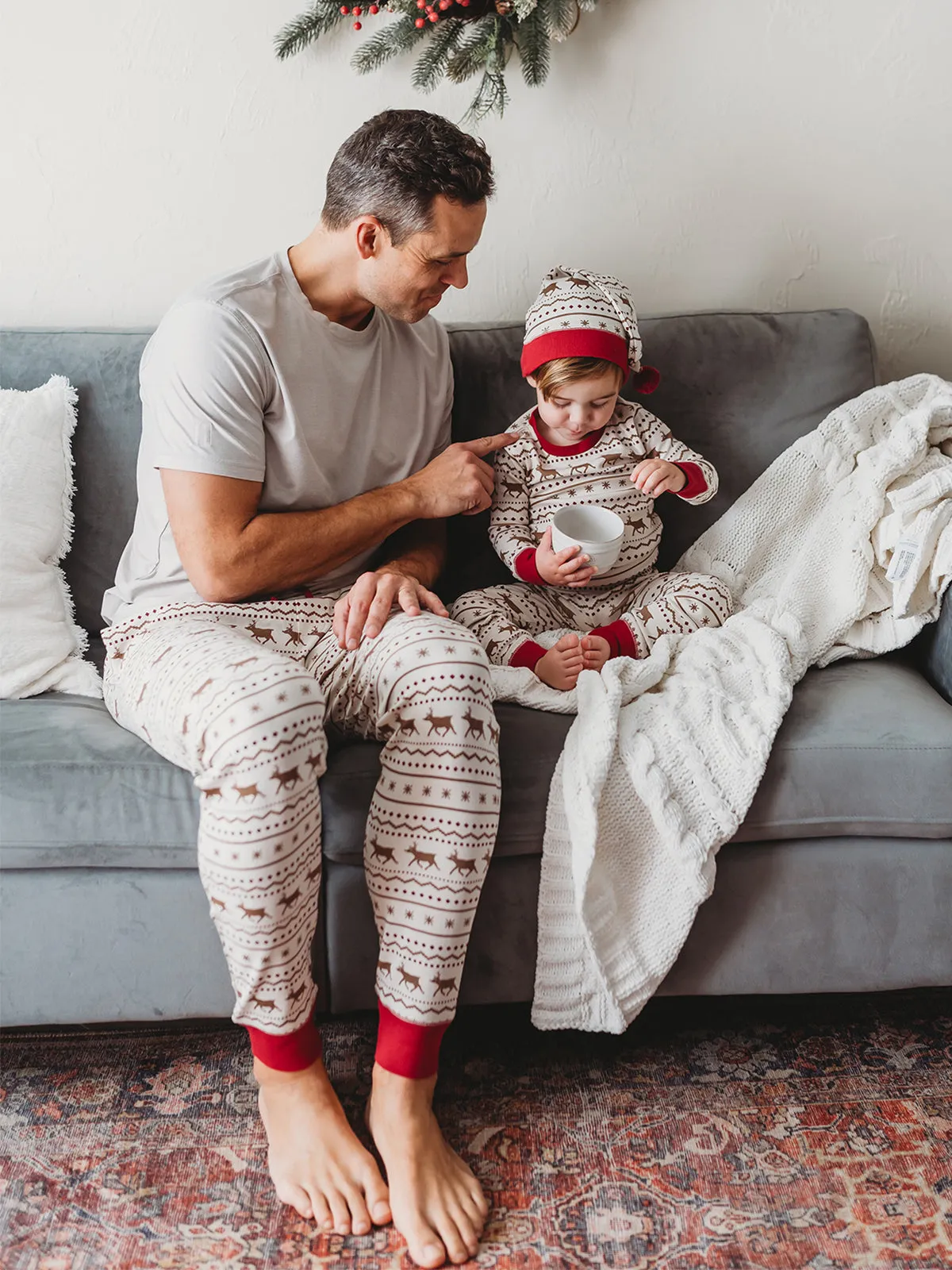 Organic Kids' Holiday PJ & Cap Set, Fair Isle Rudolph