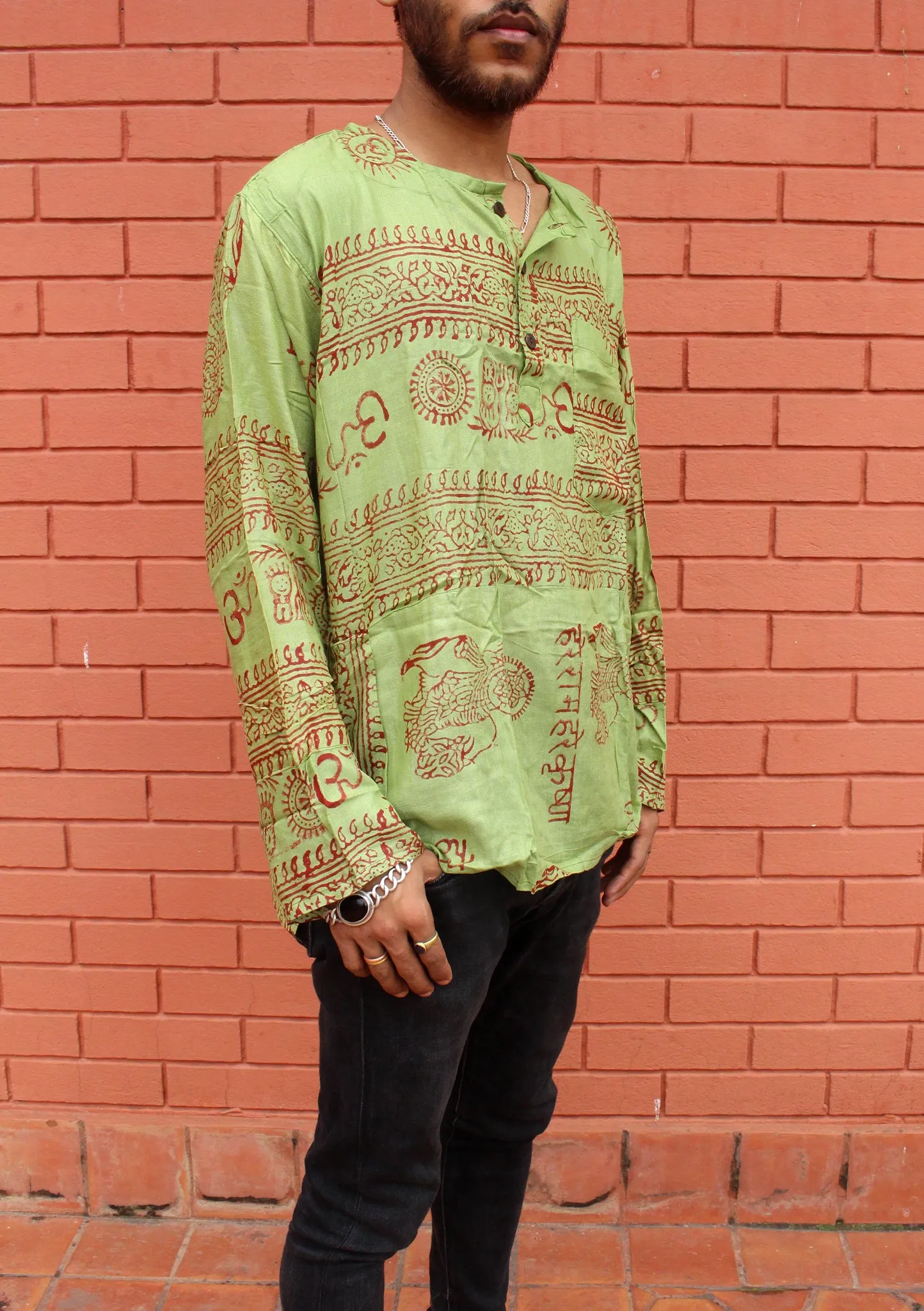 Parrot Green Cotton Om Prayer Shirt, Yoga shirt