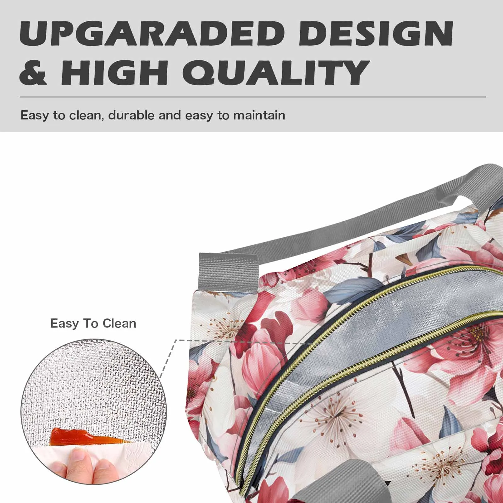 Pink Floral Small  Portable Lunch Bag-Grey Handle