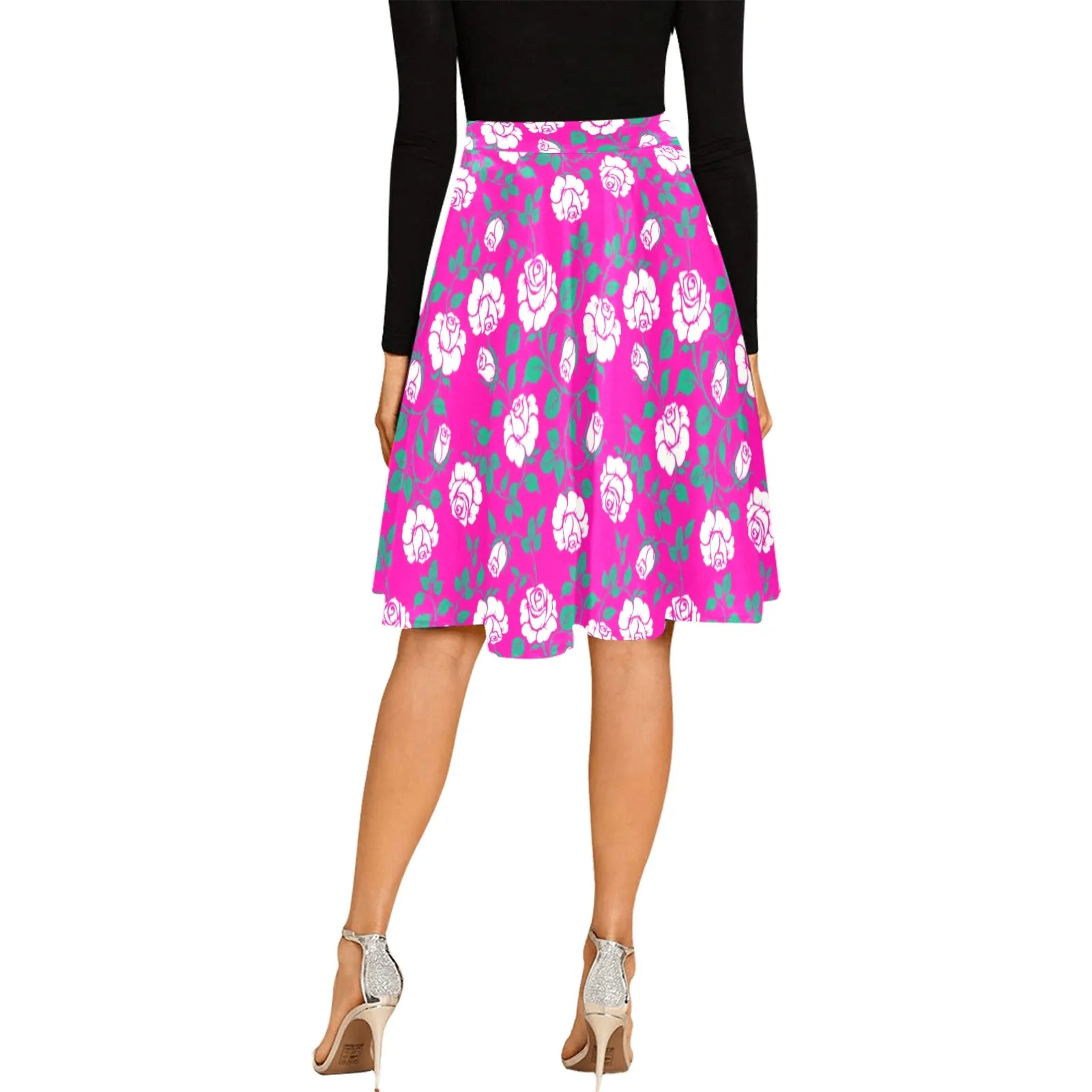 pink rose green petal print 4 Melete Pleated Midi Skirt (Model D15)