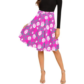 pink rose green petal print 4 Melete Pleated Midi Skirt (Model D15)