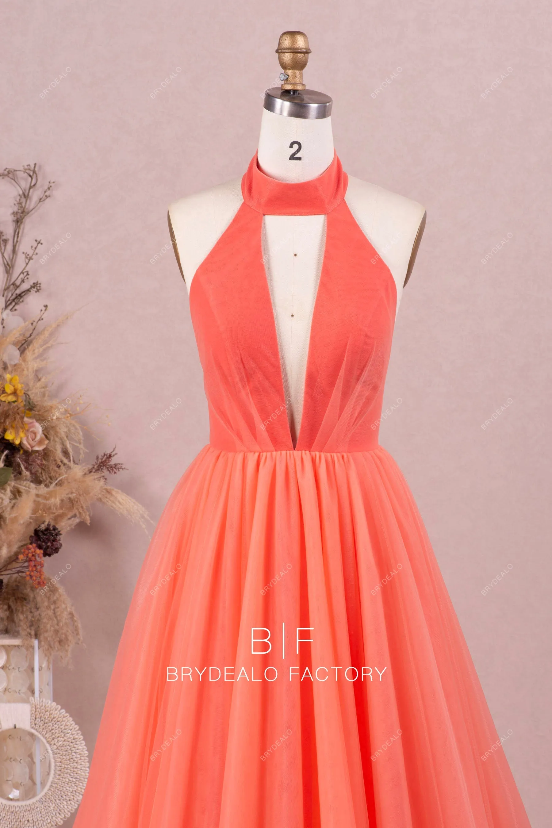 Plunging Halter Neck Watermelon Tulle Ball Gown Formal Dress