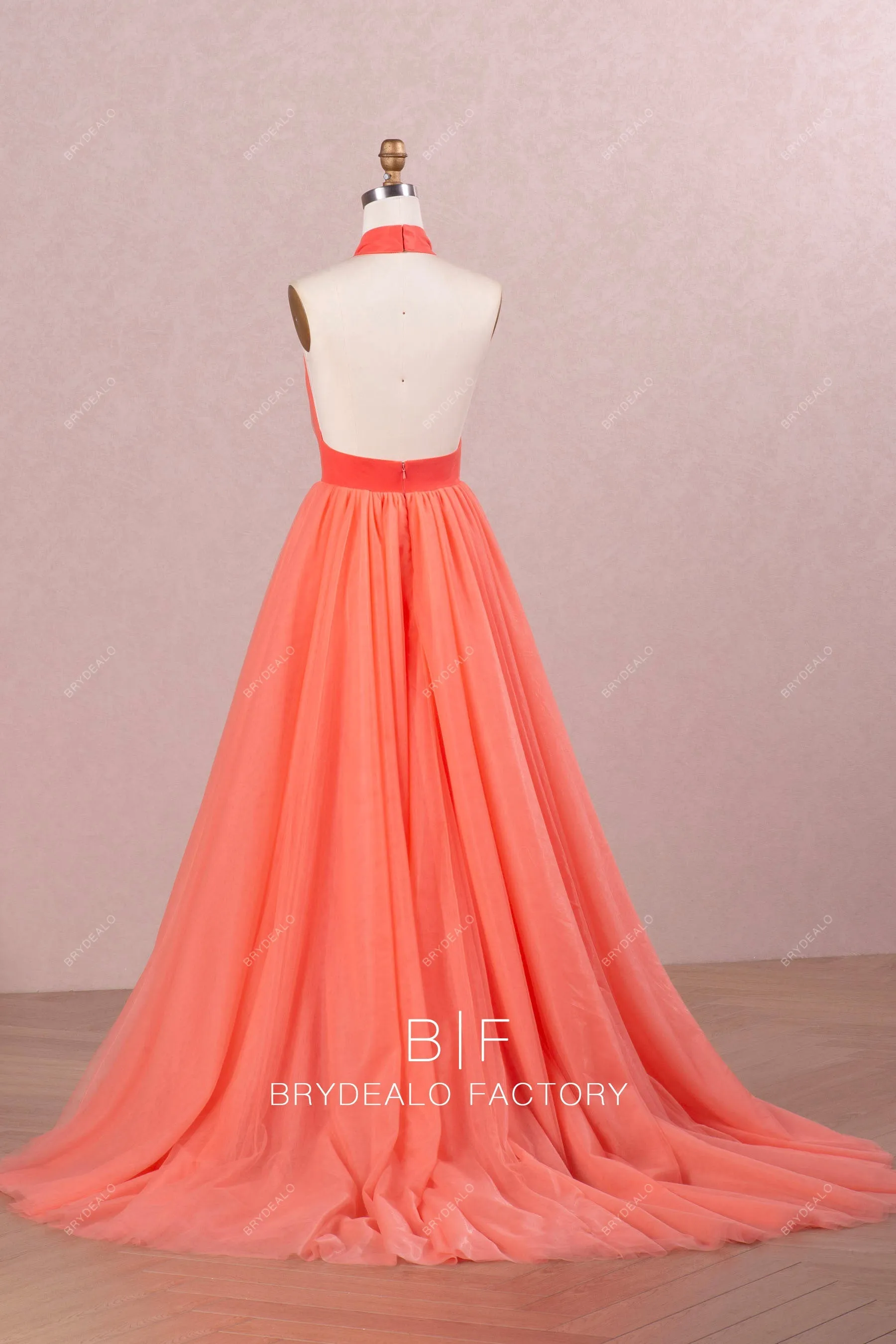 Plunging Halter Neck Watermelon Tulle Ball Gown Formal Dress