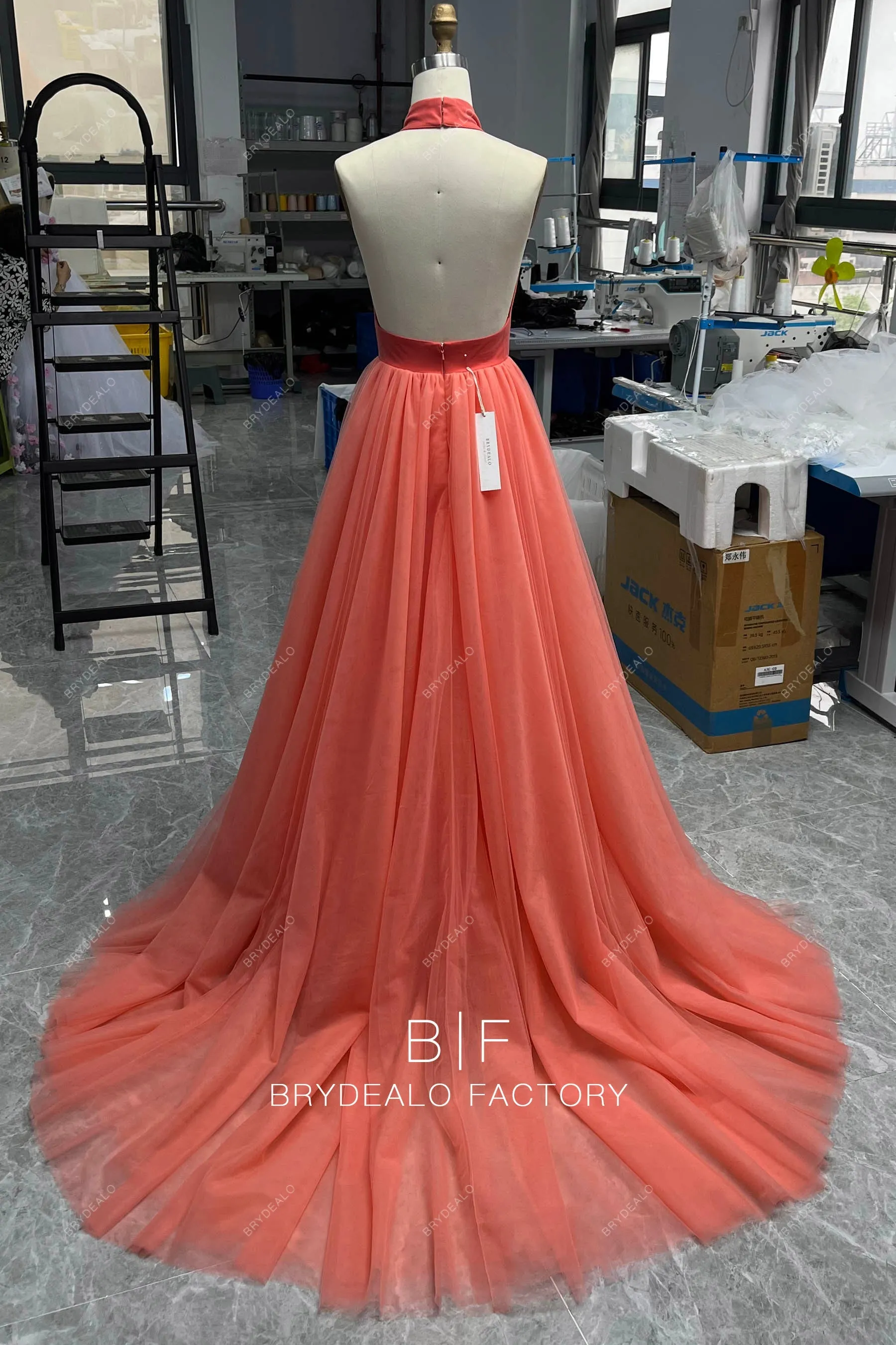 Plunging Halter Neck Watermelon Tulle Ball Gown Formal Dress