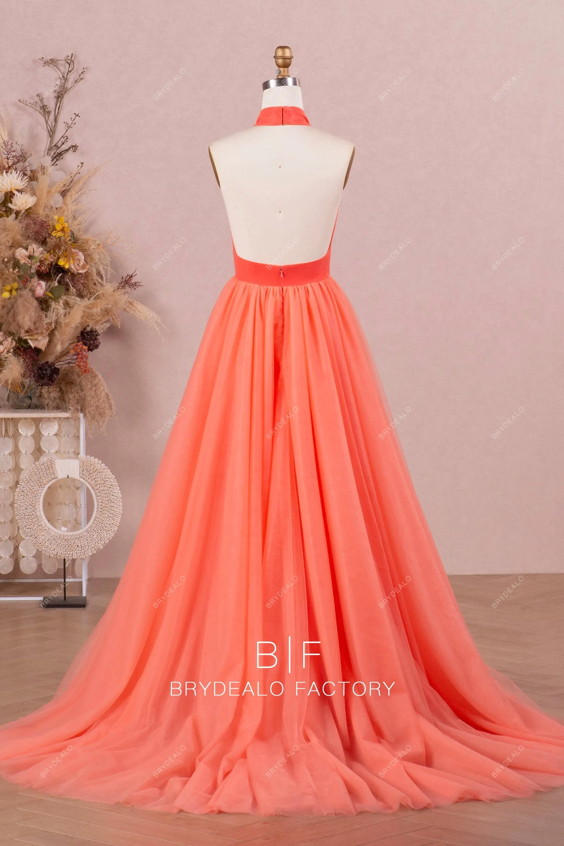 Plunging Halter Neck Watermelon Tulle Ball Gown Formal Dress