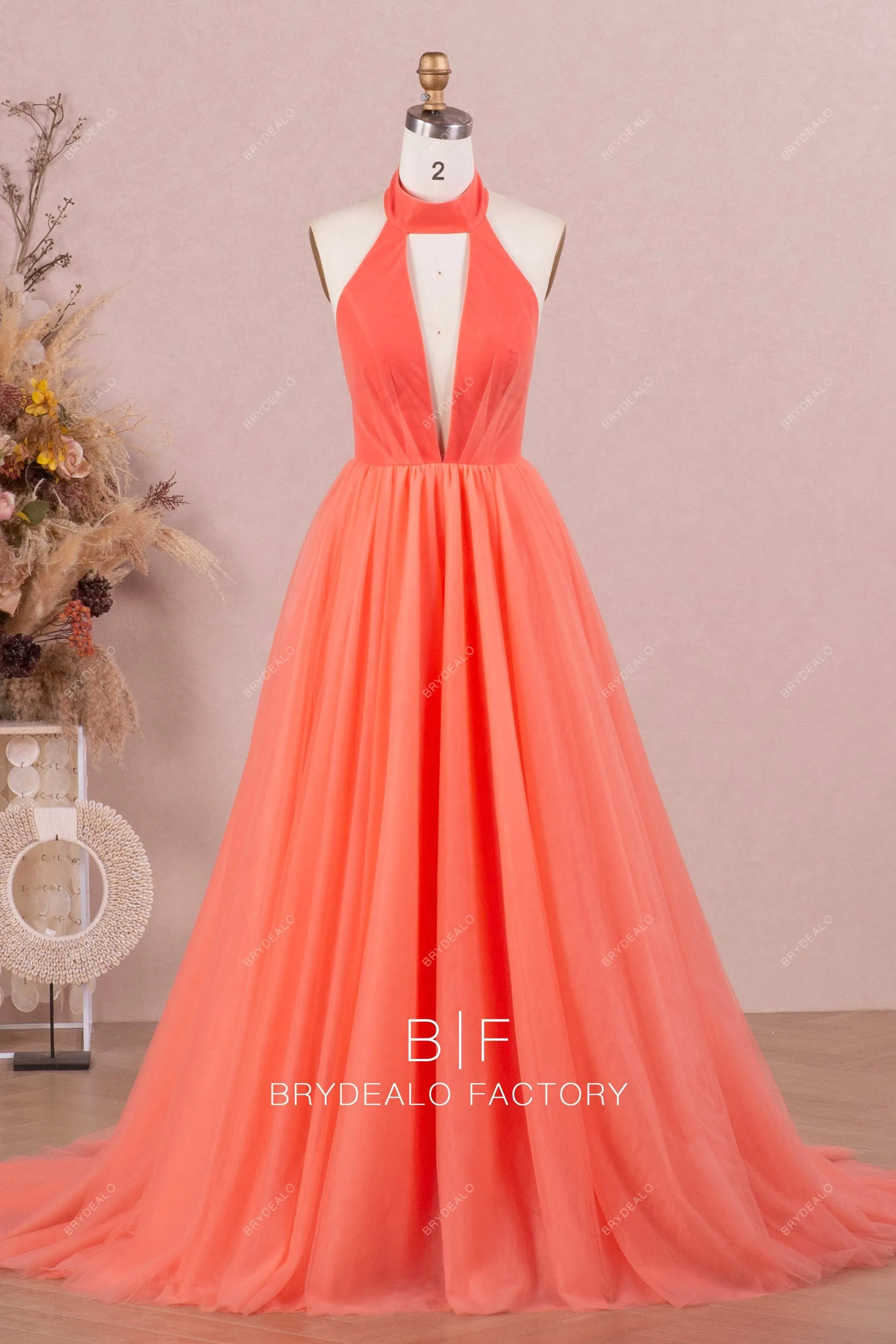 Plunging Halter Neck Watermelon Tulle Ball Gown Formal Dress