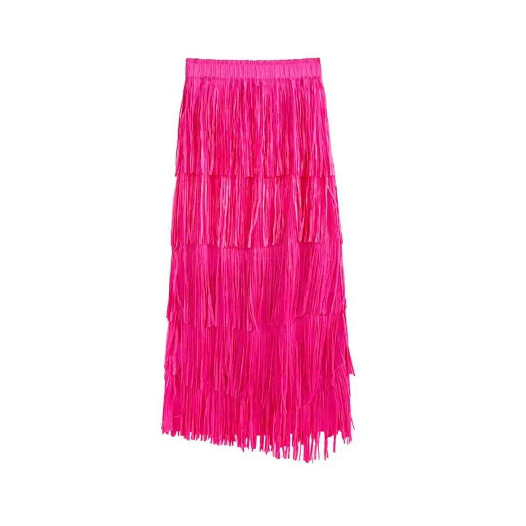 Pre Order:  High Elastic Waist Pleated Tassels Long Skirt