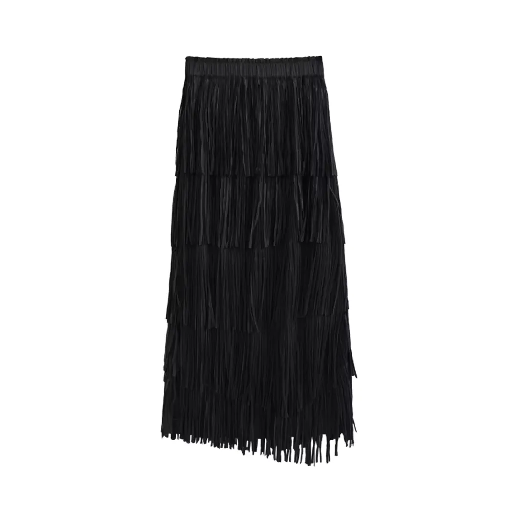 Pre Order:  High Elastic Waist Pleated Tassels Long Skirt