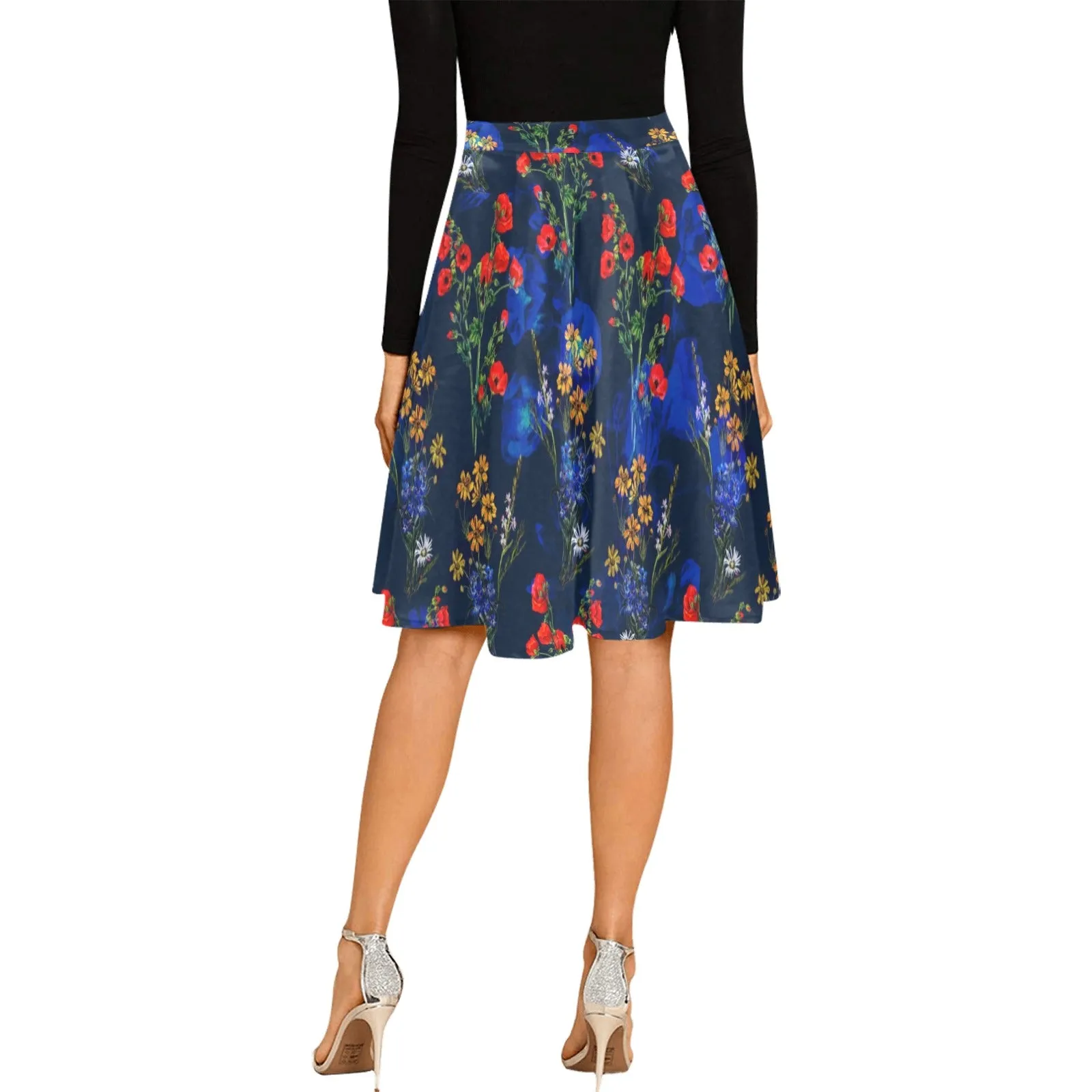 red gold blue floral print 2 Melete Pleated Midi Skirt (Model D15)