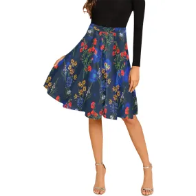 red gold blue floral print 2 Melete Pleated Midi Skirt (Model D15)