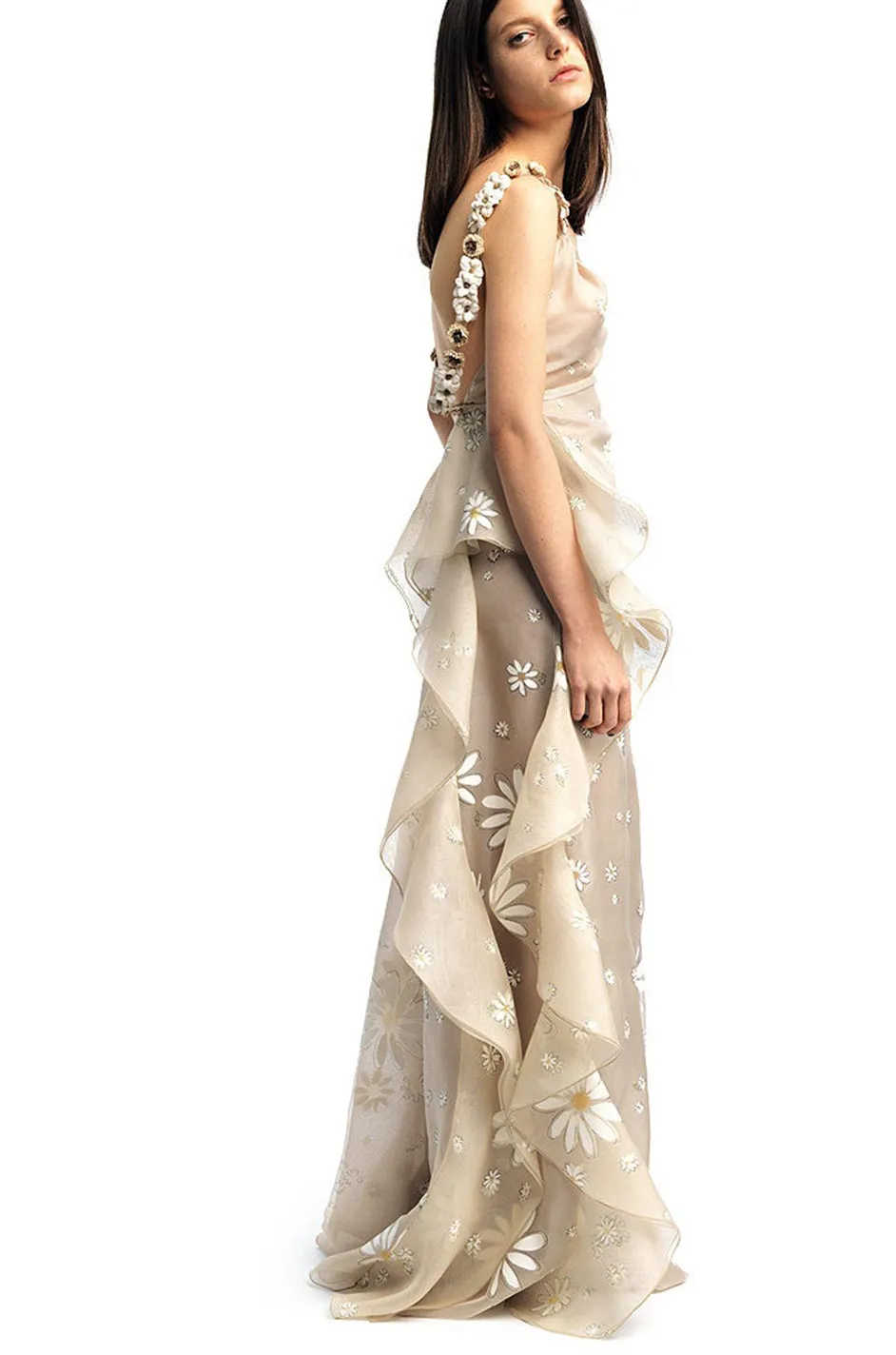 Resort 2011 Valentino Runway Painted Low Back Daisy Dress w Ruffles & Flower Detailed Straps