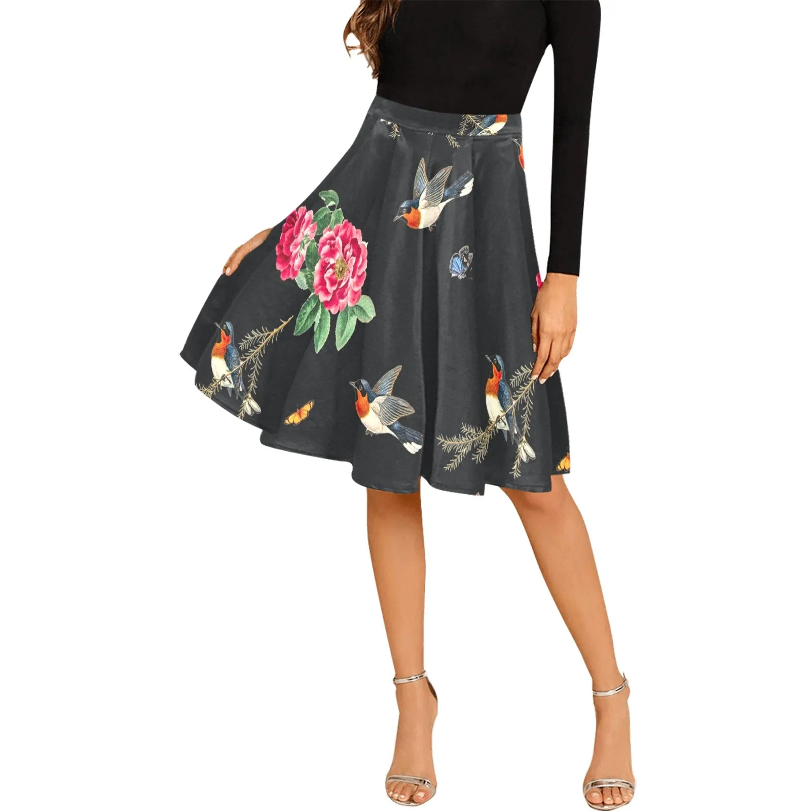 robins flowers print 2 Melete Pleated Midi Skirt (Model D15)