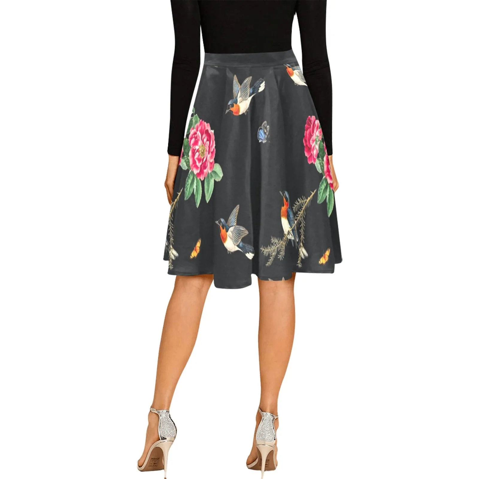 robins flowers print 2 Melete Pleated Midi Skirt (Model D15)