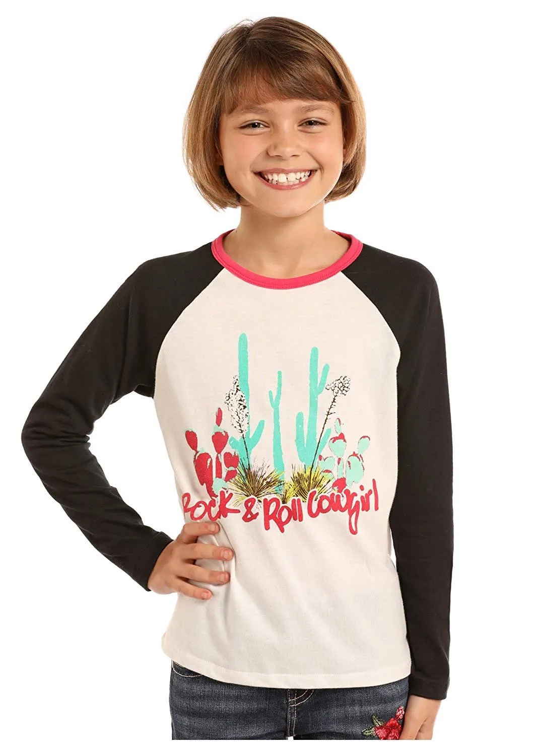 Rock & Roll Cowgirl Girls Long Sleeve Tee, Watercolor Cactus