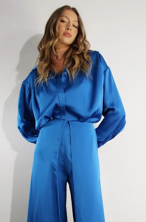 Royal Blue Satin Long Sleeve Top & Pants Set