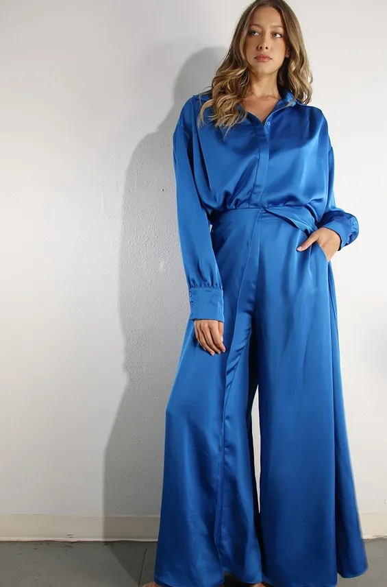 Royal Blue Satin Long Sleeve Top & Pants Set