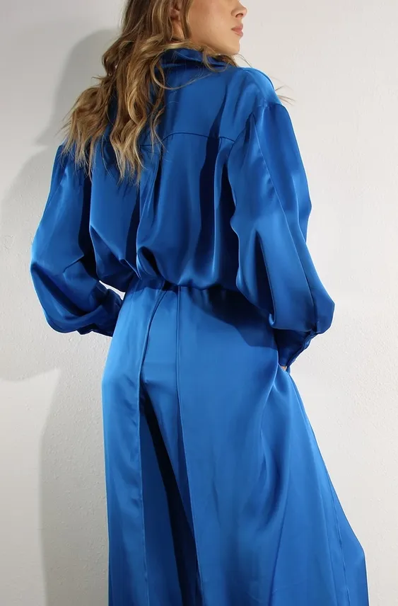 Royal Blue Satin Long Sleeve Top & Pants Set