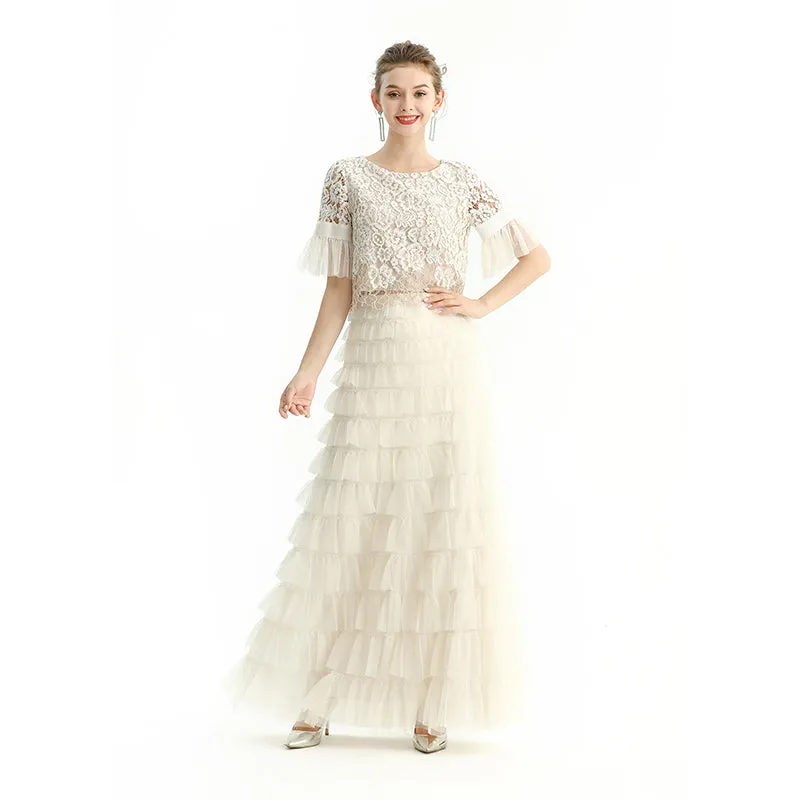 S212 Women solid tulle-layered maxi party skirt