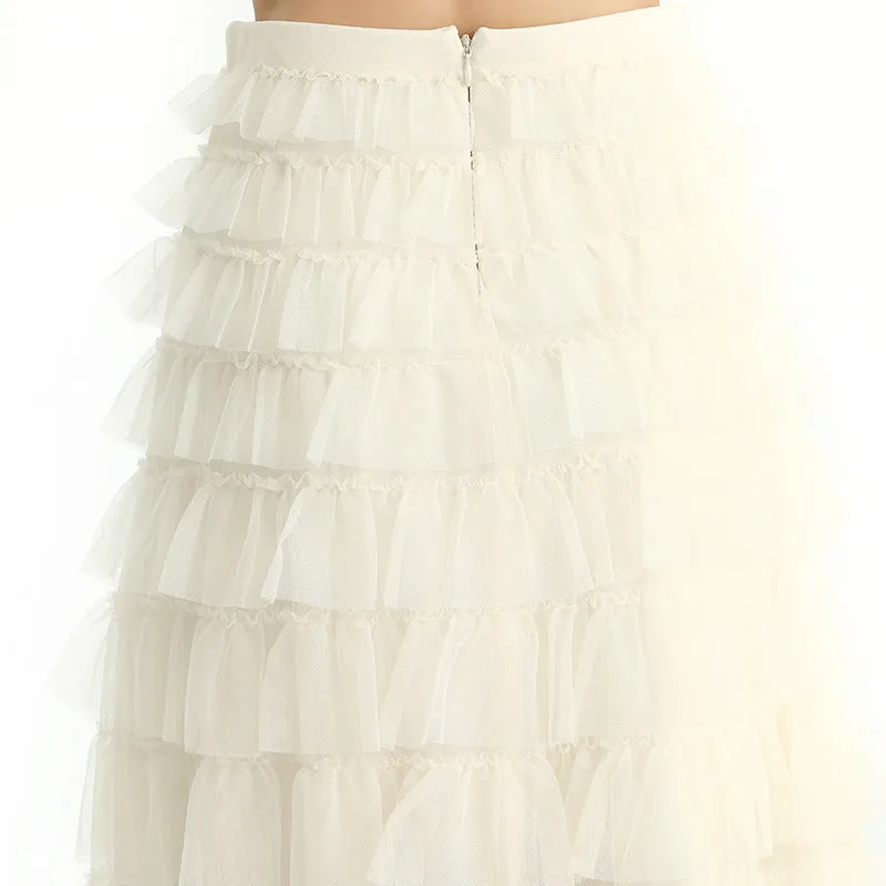 S212 Women solid tulle-layered maxi party skirt