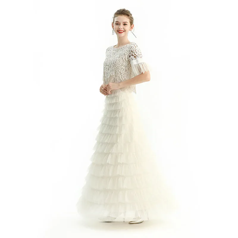 S212 Women solid tulle-layered maxi party skirt