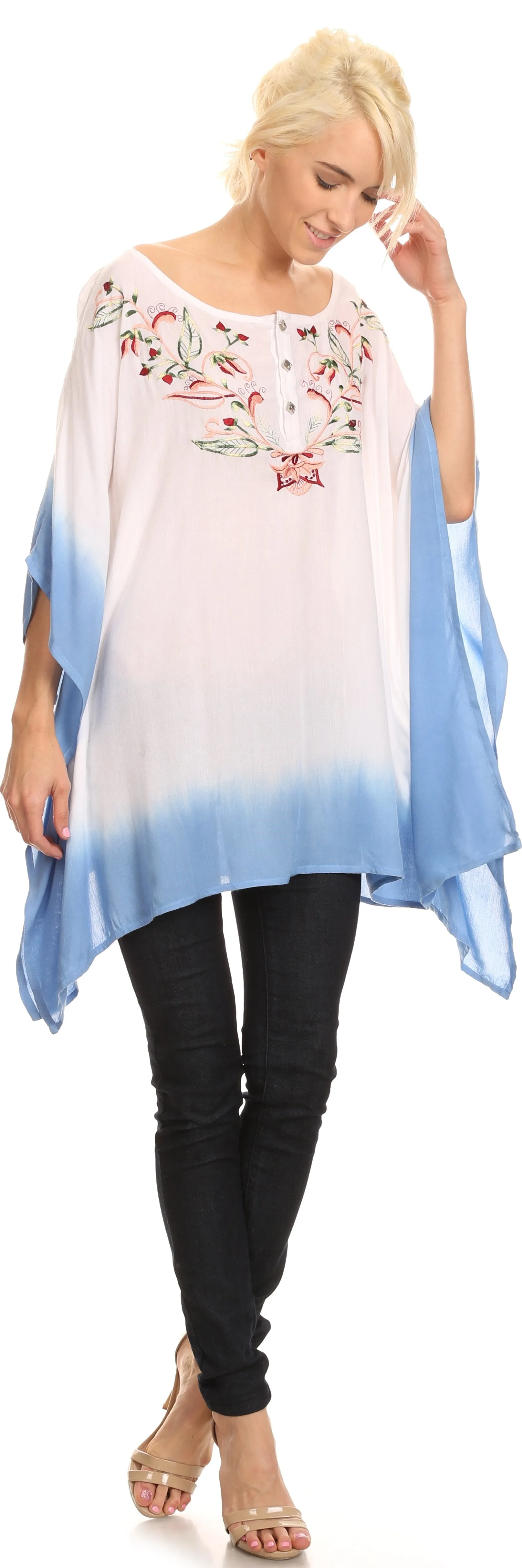 Sakkas Saleei Long Wide Square Ombre Floral Embroidered  Jewel Button Poncho Top