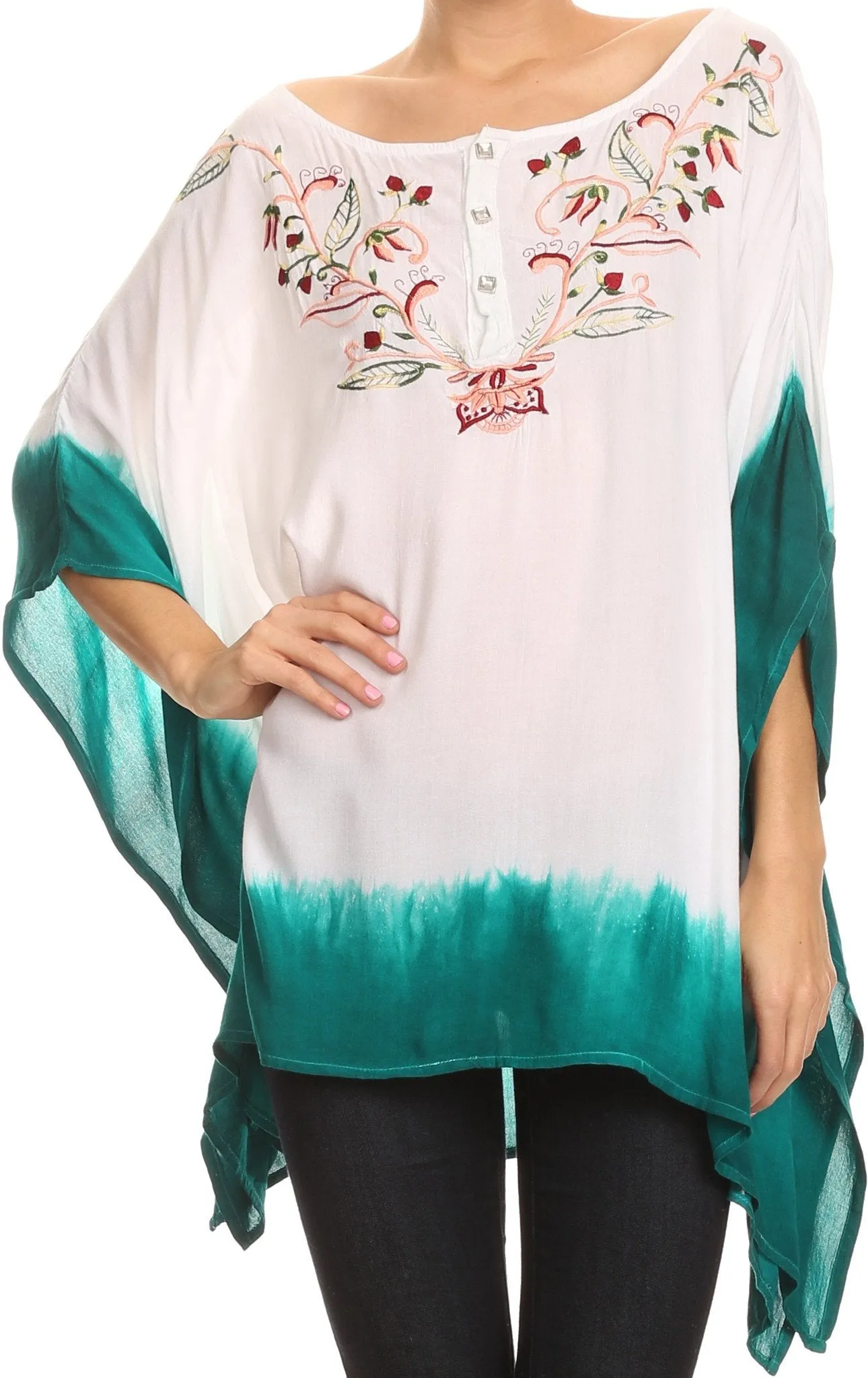 Sakkas Saleei Long Wide Square Ombre Floral Embroidered  Jewel Button Poncho Top