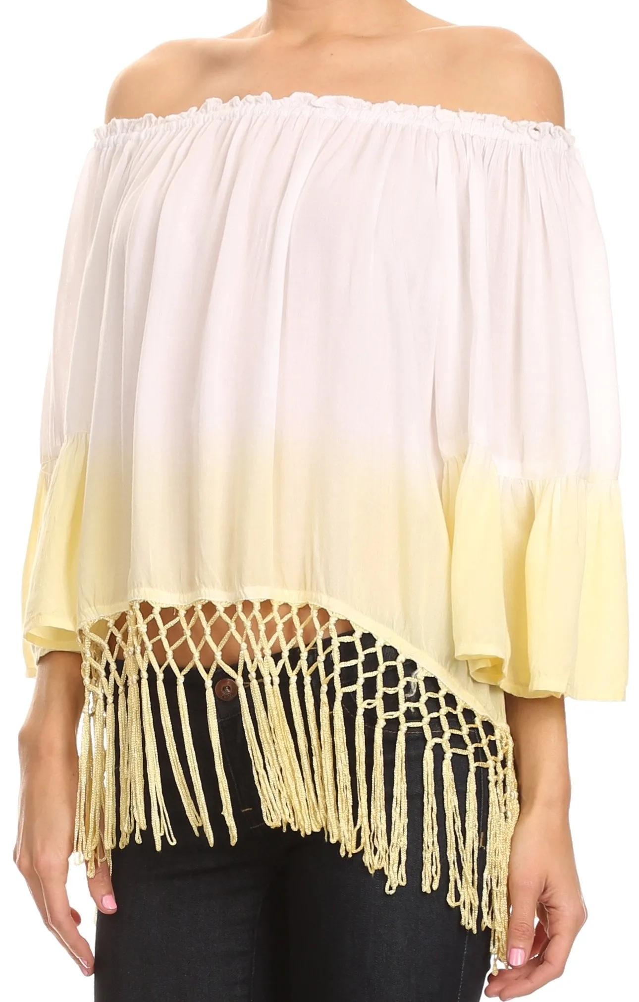 Sakkas Shax Short  Ombre Fringe Tassel 3/4 Wide Bell Sleeves Crop Top Blouse Shirt