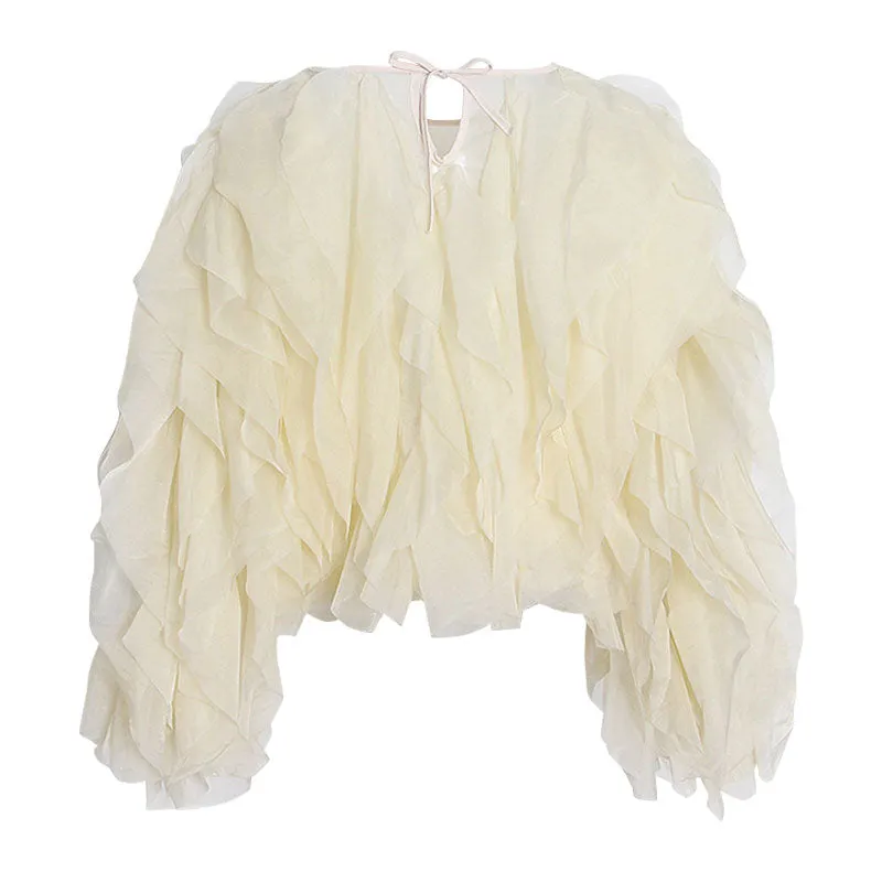 Semi Sheer Chiffon Layered Ruffle Puff Sleeve Round Neck Cropped Blouse