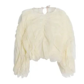 Semi Sheer Chiffon Layered Ruffle Puff Sleeve Round Neck Cropped Blouse