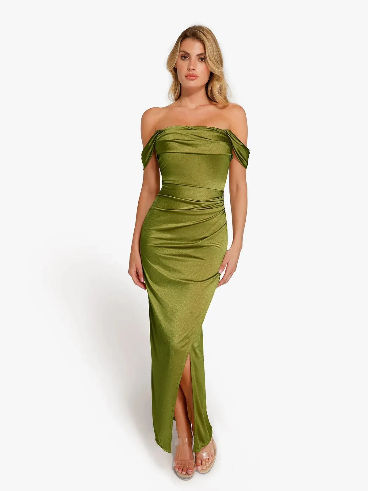 Shapewear Off Shoulder Shine Ruched Sculpting Maxi Dress