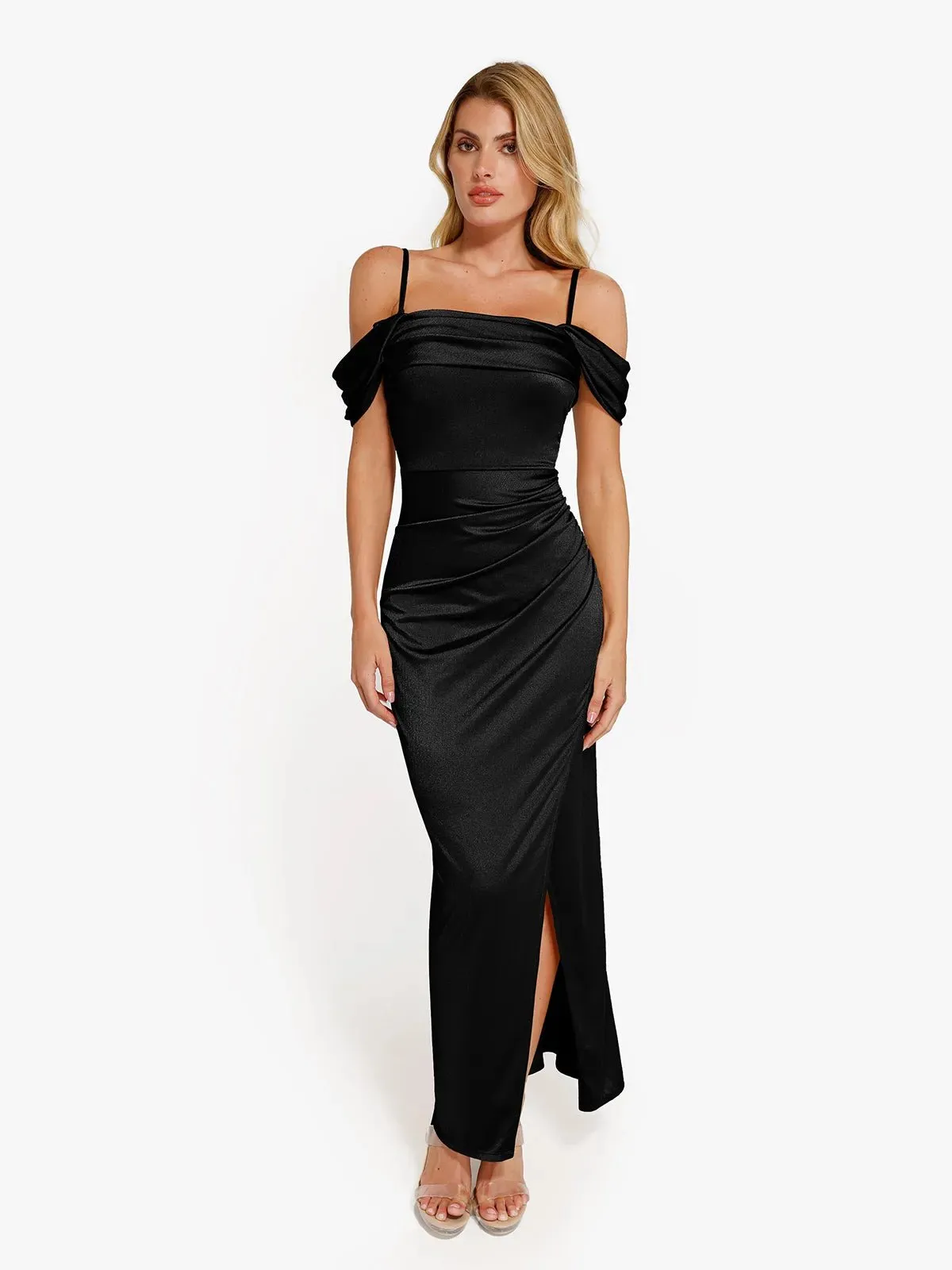 Shapewear Off Shoulder Shine Ruched Sculpting Maxi Dress