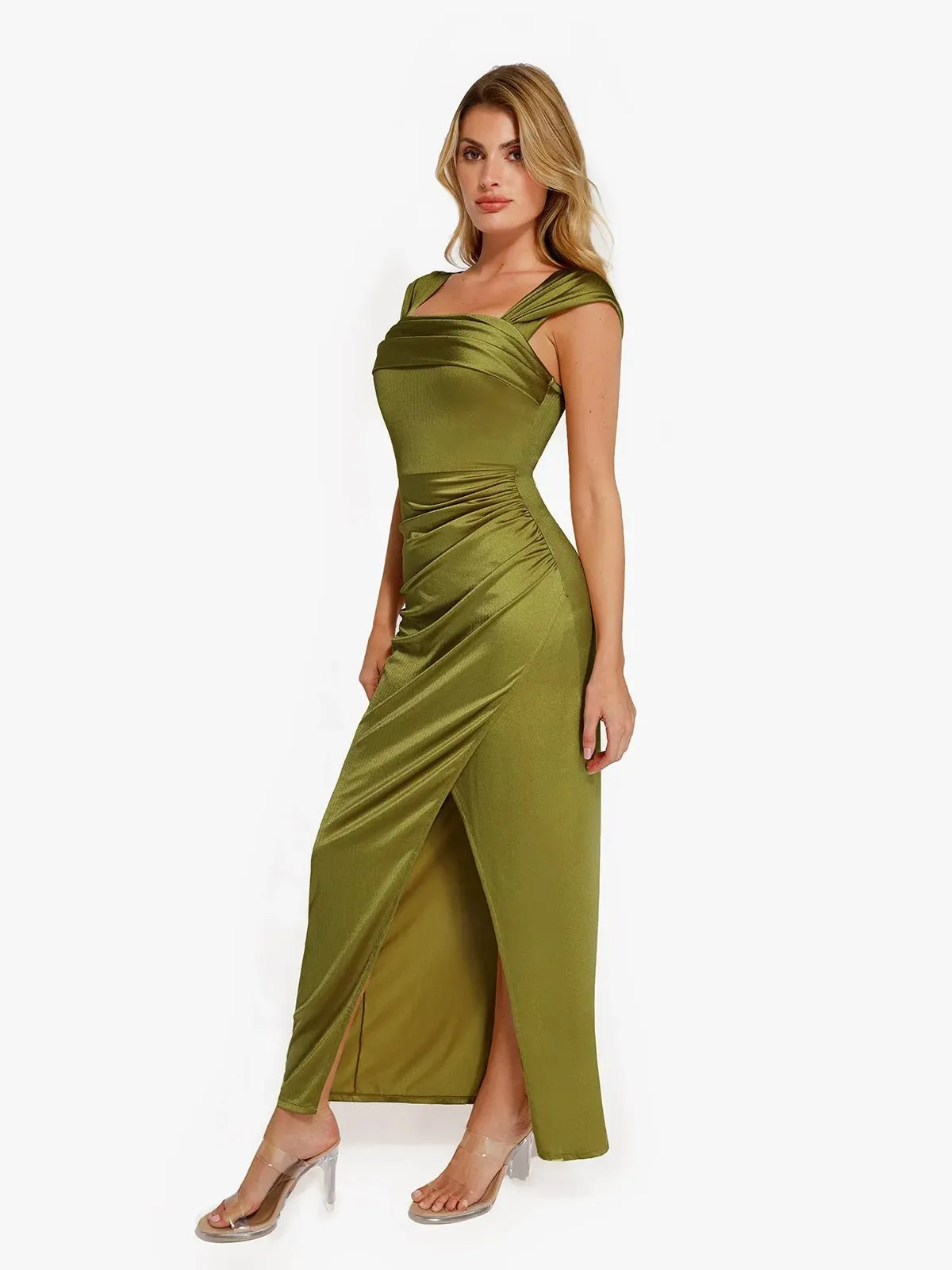 Shapewear Off Shoulder Shine Ruched Sculpting Maxi Dress