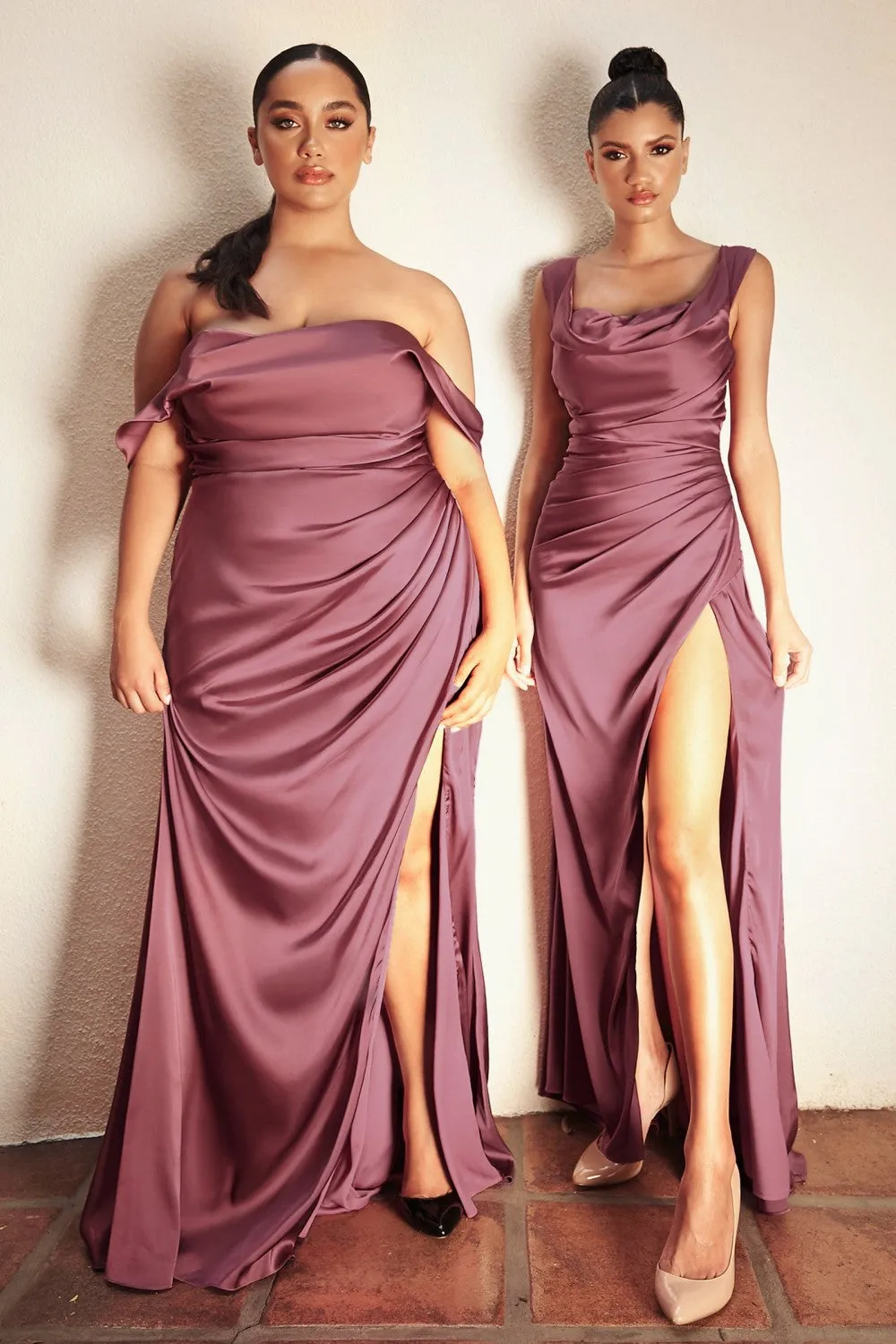 Soft Satin Gown: Elegant Prom & Bridesmaid Dresses, Gathered Fitted Bodice, Off/On Shoulder, High Leg Slit